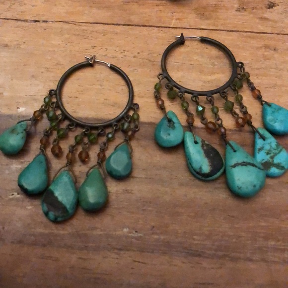 Genuine Turquoise nugget chandelier earrings with peridot & amber beads - Picture 3 of 4
